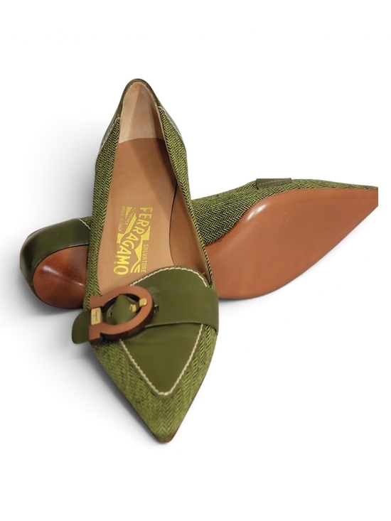 Salvatore Ferragamo Shoes - NEW Salvatore Ferragamo Herringbone Tweed Gancini Pumps Green 6.5B